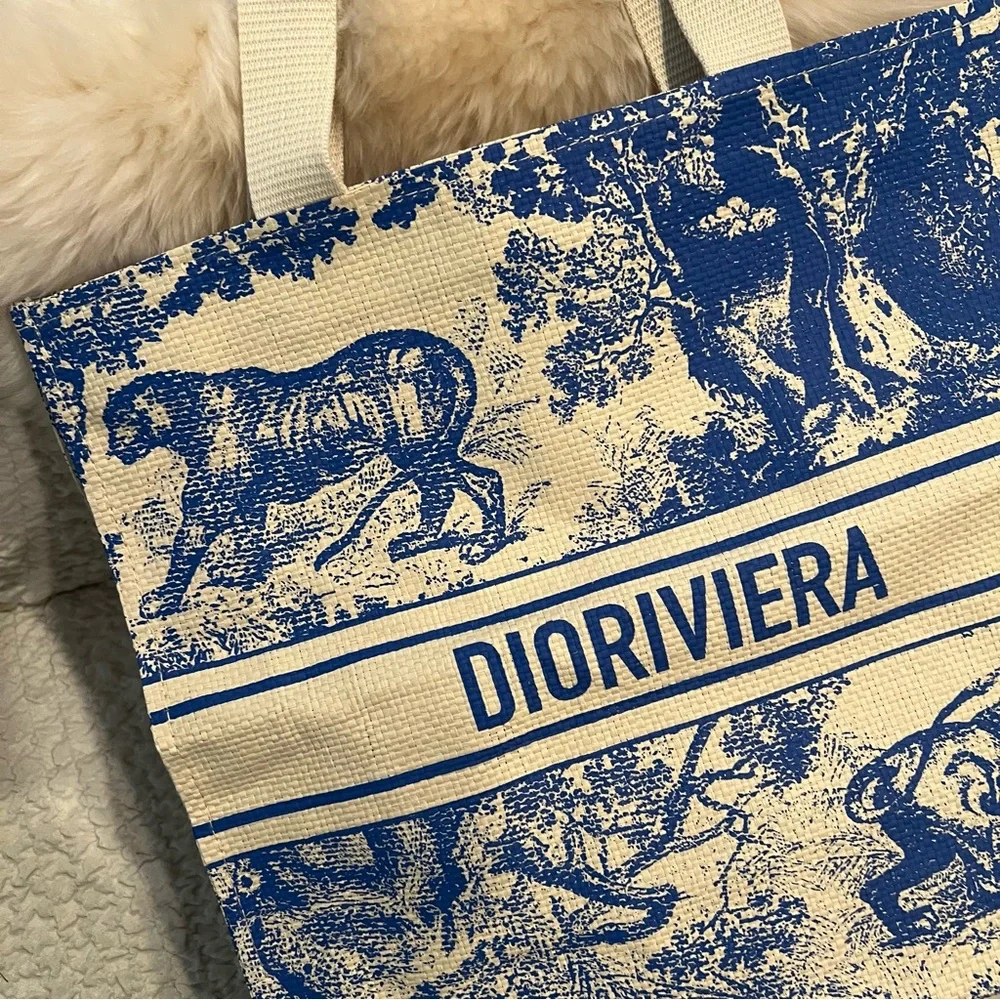 Dior Riviera Blue and White Straw Tote Bag Beach Tote Bag Book Tote Bag - Picture 7 of 11